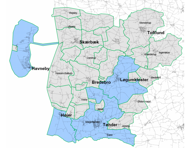 Kort der viser forsyningsområde for vand i Tønder kommune